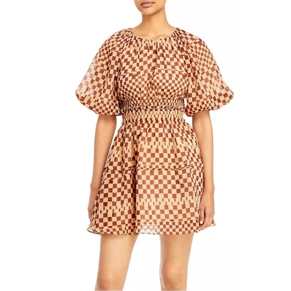 MOON RIVER Grid Print Bubble Sleeve Back Cutout Mini Dress size small brown NWT - Picture 1 of 13